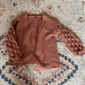 Three Bird Nest Bubble Sleeve Open-Front Cardigan - Rusty Rose
